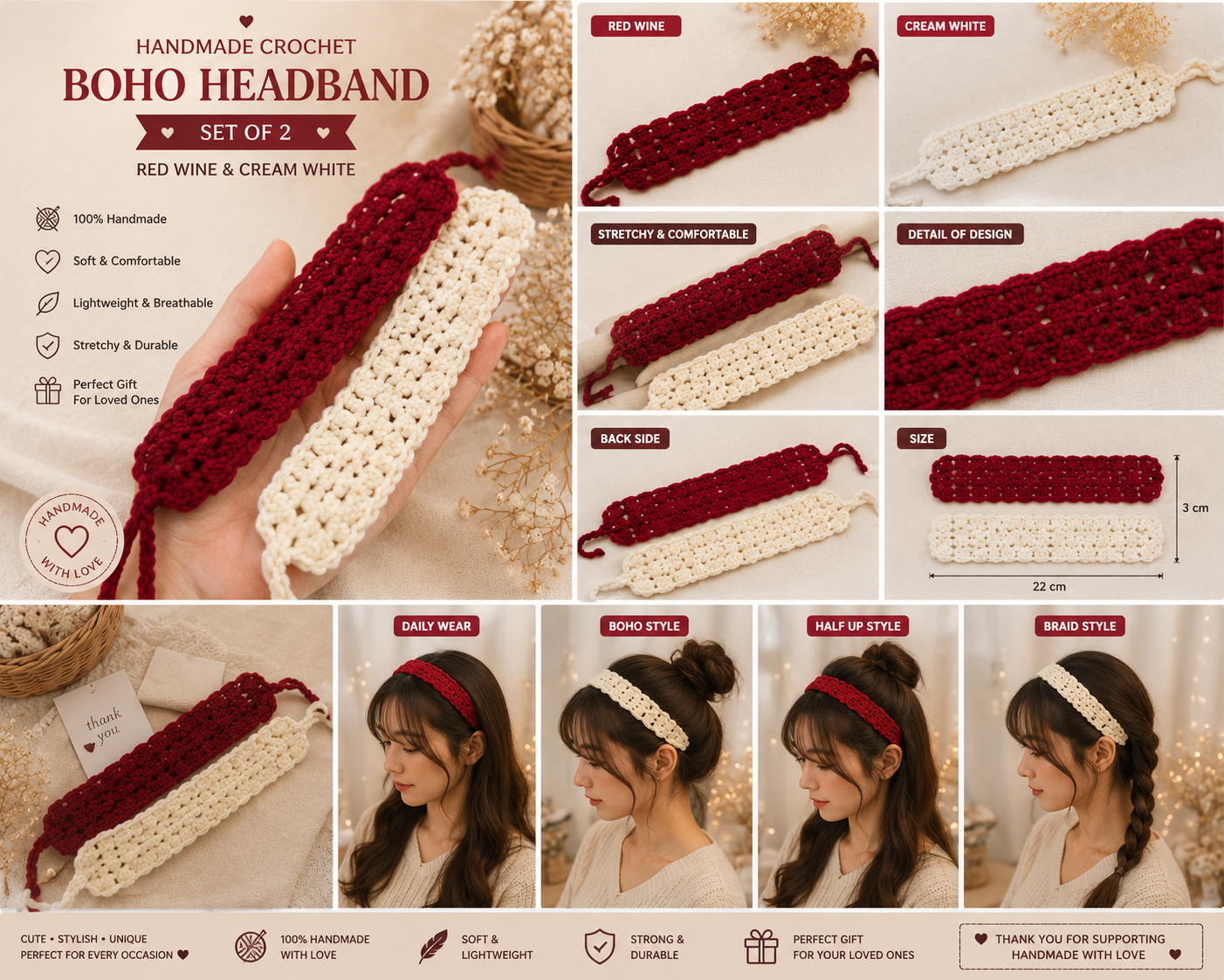 ❤️ Handmade Haven™ Boho Crochet Headband