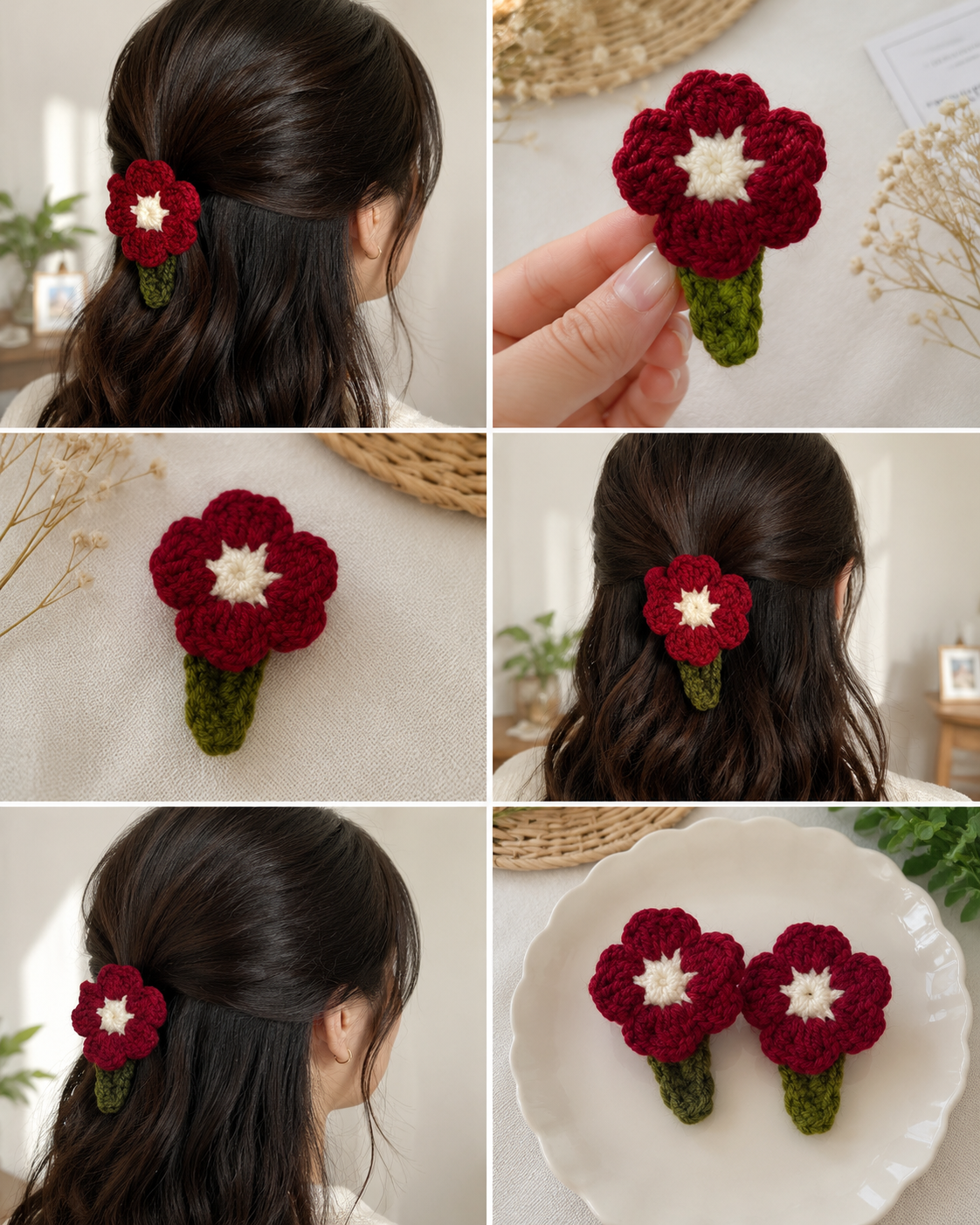 🌺 Handmade Haven™ Crimson Bloom Crochet Hair Clip