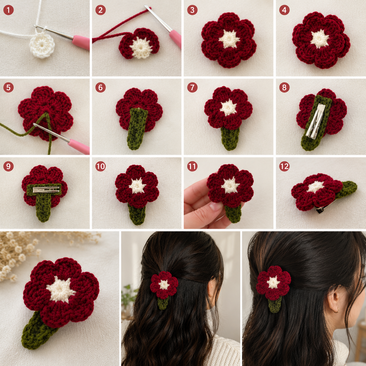 🌺 Handmade Haven™ Crimson Bloom Crochet Hair Clip