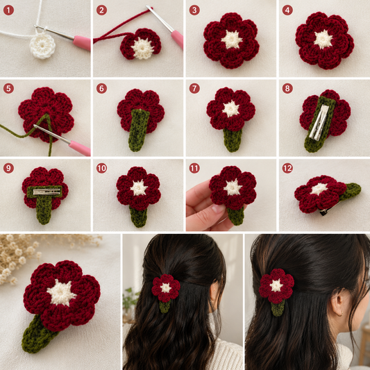 🌺 Handmade Haven™ Crimson Bloom Crochet Hair Clip