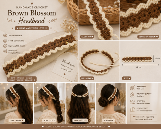 🤎 Handmade Haven™ Brown Blossom Crochet Headband