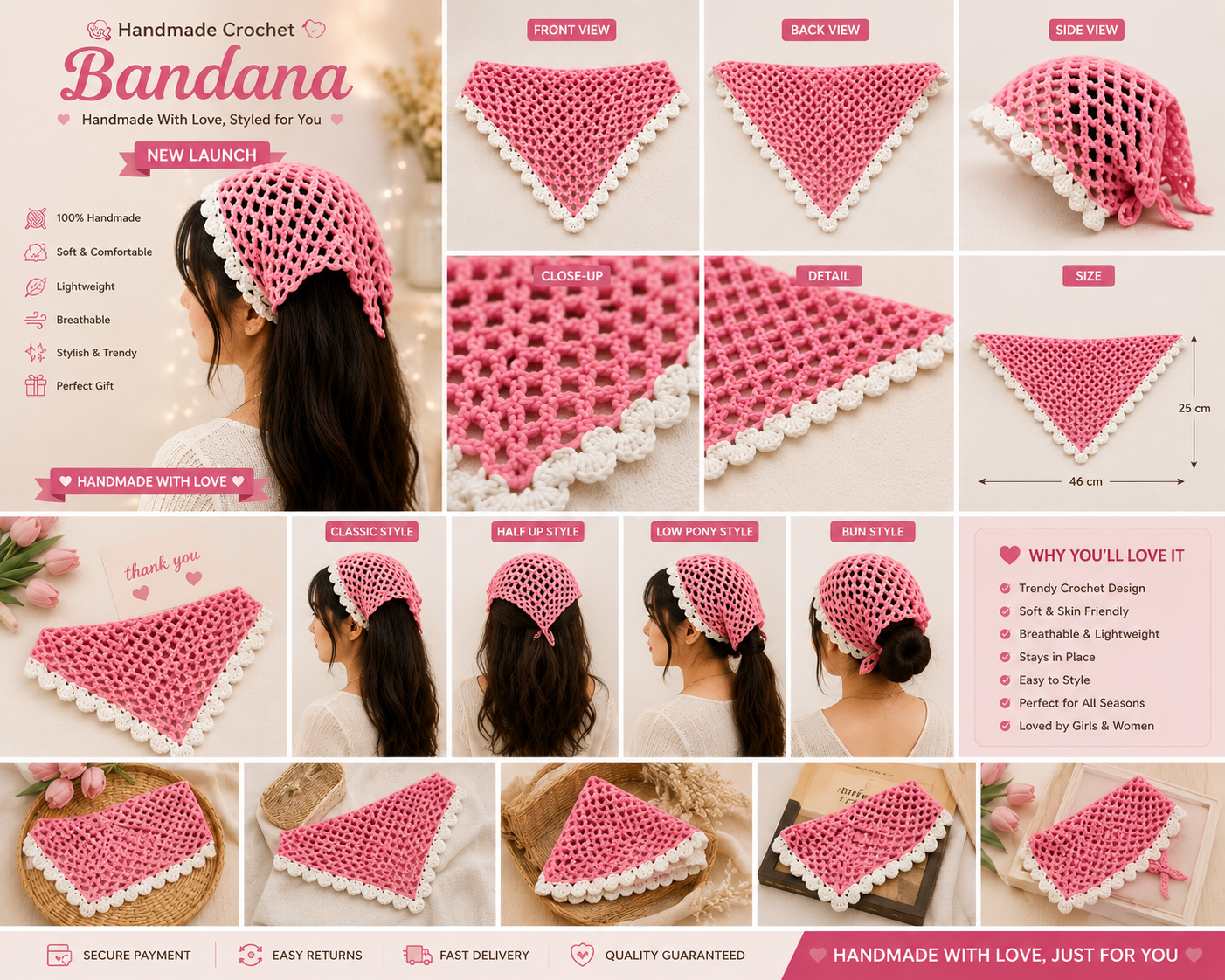 🌸 Pink Blossom Crochet Bandana lovingly handcrafted to bring soft