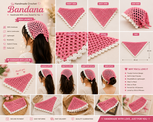 🌸 Pink Blossom Crochet Bandana lovingly handcrafted to bring soft
