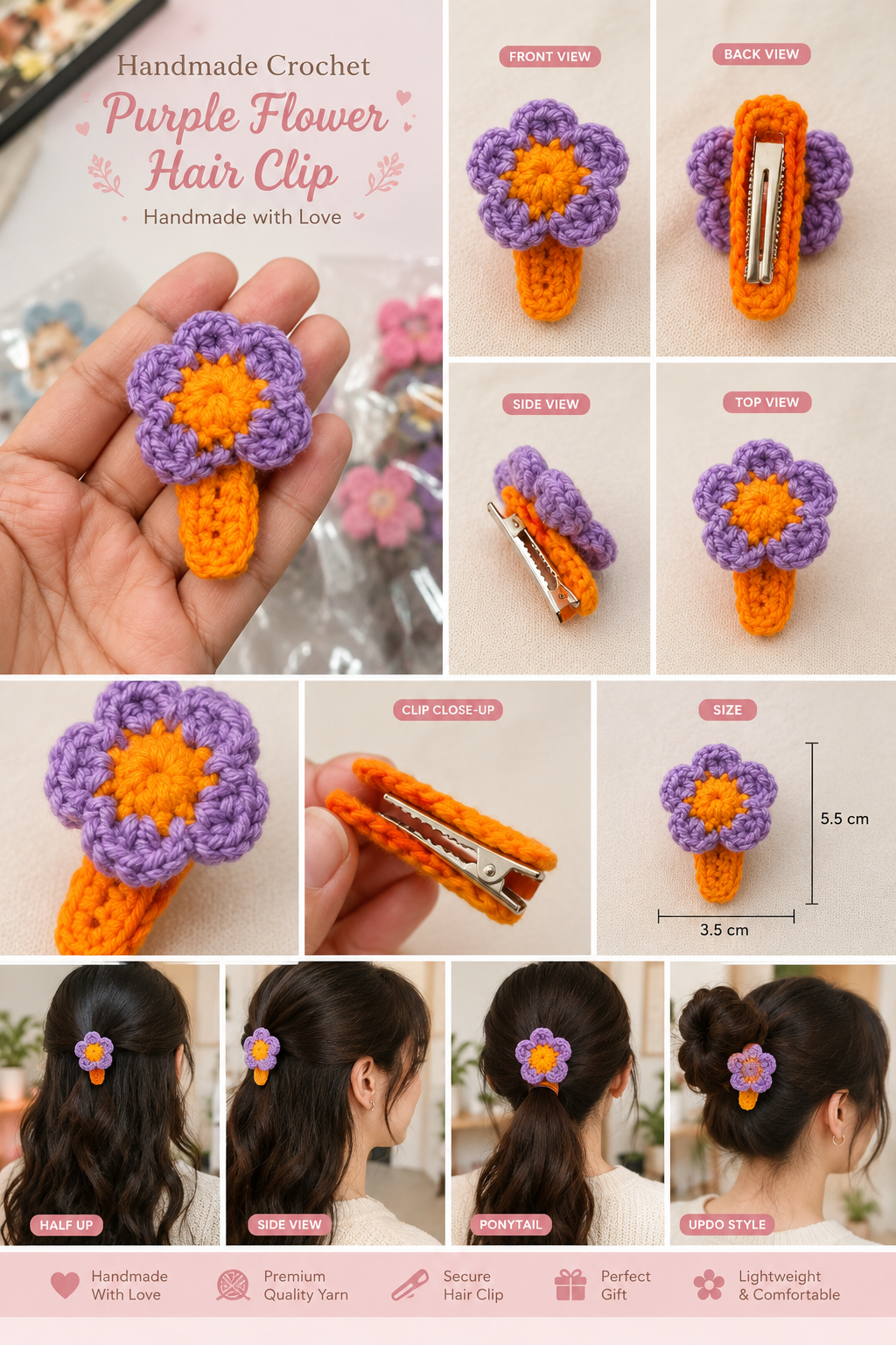 💜 Handmade Haven™ Purple Blossom Crochet Hair Clip