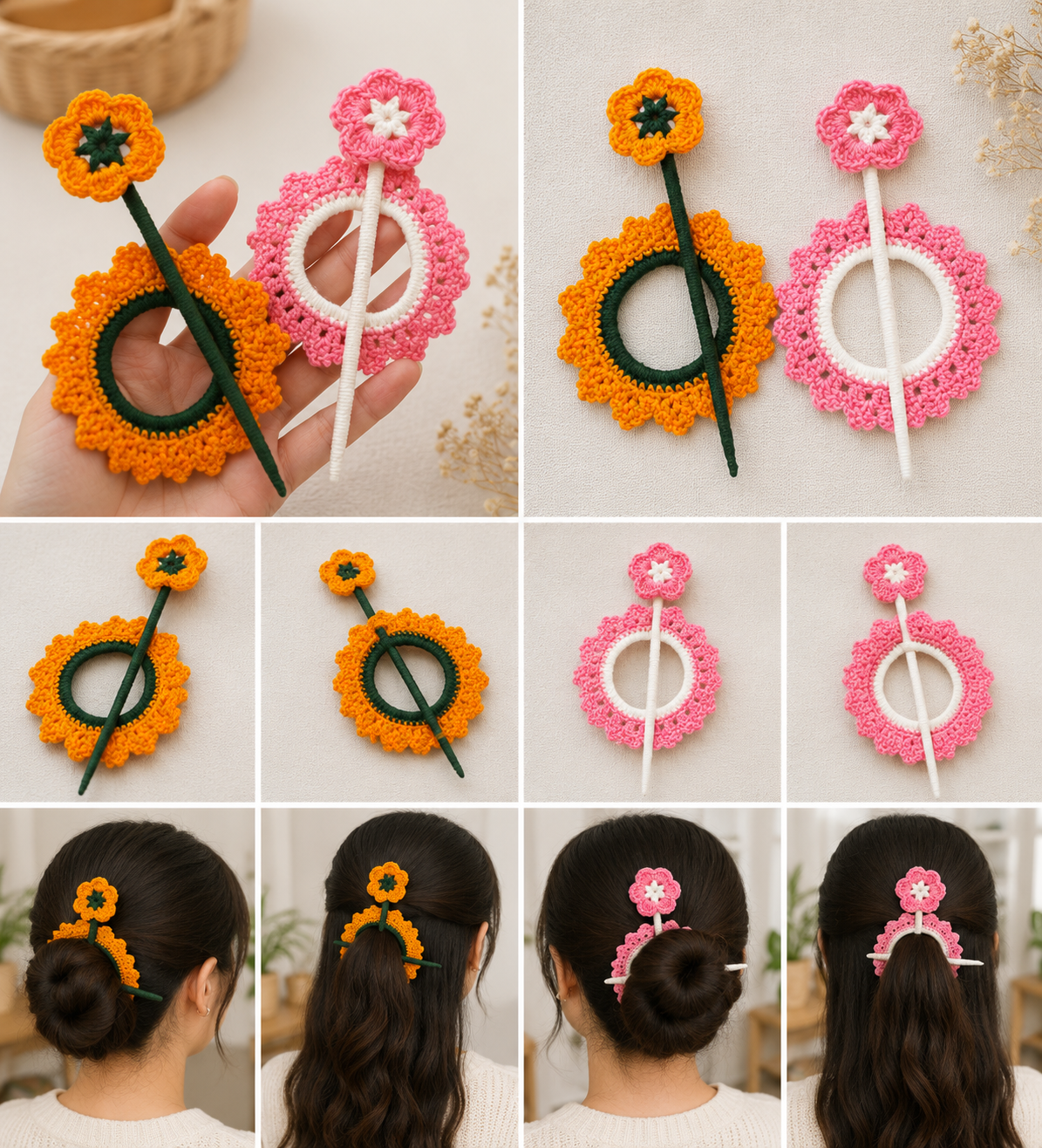 🌻 Pack of 2 Handmade Crochet Flower Hair Pin Set | Sunflower & Blossom Bun Stick